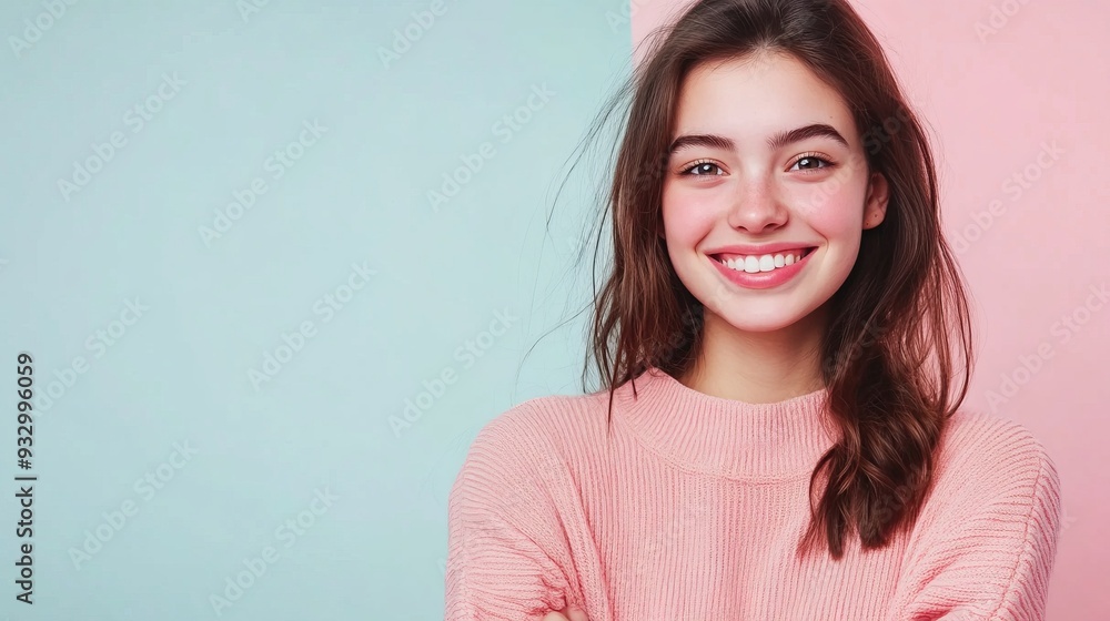 Photo of smiling girl lady crossing hands looking isolated pastel color background