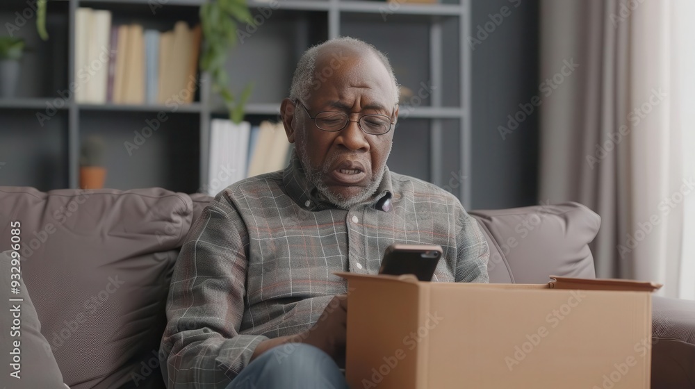 An African-American senior man, visibly worried, sits on his sofa with a mobile phone in hand, staring at an open box from a wrongly delivered parcel.
An African-American senior man, visibly worried, sits on his sofa with a mobile phone in hand, staring at an open box from a wrongly delivered parcel.