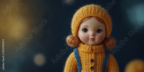 Cute knitted doll in yellow sweater on blue background. photo