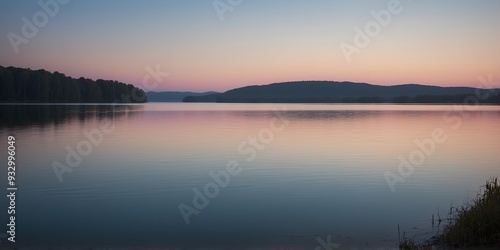 The subtle glow of twilight captured on a serene lake, with the light softly transitioning from blue to pink at the horizon.