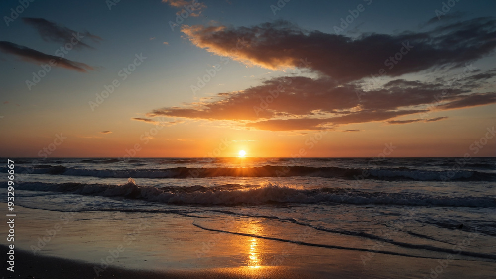 Stunning sunset over the ocean with waves crashing onto the shore, capturing serene and tranquil beauty. Stunning sunset over the ocean with waves crashing onto the shore, capturing serene and tranquil beauty.