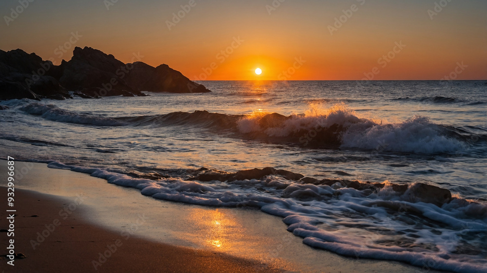 Obraz premium Stunning sunset over the ocean with waves crashing onto the shore, capturing serene and tranquil beauty.