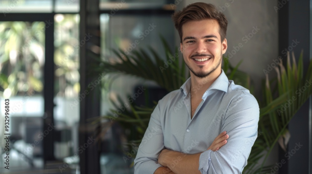 Smiling handsome businessman with crossed arms in modern office,young man exuding confidence, business success concept. Smiling handsome businessman with crossed arms in modern office,young man exuding confidence, business success concept.