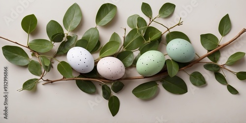 easter eggs and branches with green leaves on a light background, easter flat lay concept. photo