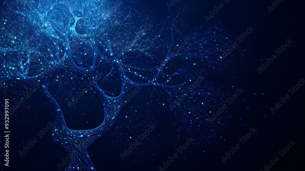 A detailed blue neural network tree with intricate, glowing branches and nodes, on a solid deep navy blue background, sophisticated and futuristic ambiance, cool ambient light with glowing highlights A detailed blue neural network tree with intricate, glowing branches and nodes, on a solid deep navy blue background, sophisticated and futuristic ambiance, cool ambient light with glowing highlights