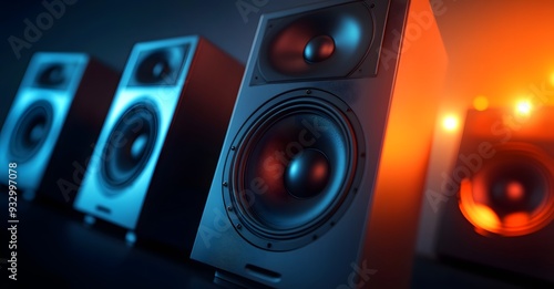 High-quality, hyper-realistic photograph of black speakers with glowing orange and blue lights in the background.