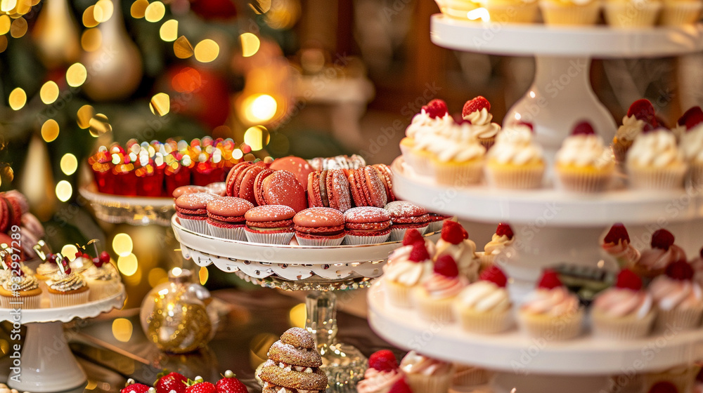 Detailed view of a festive dessert table, featuring cupcakes and macarons, with a company logo Detailed view of a festive dessert table, featuring cupcakes and macarons, with a company logo