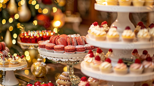 Detailed view of a festive dessert table, featuring cupcakes and macarons, with a company logo