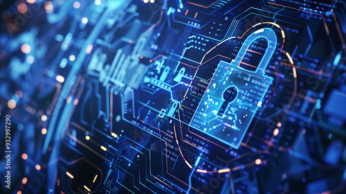 Futuristic digital shield symbolizing advanced cybersecurity in a modern business landscape with interconnected networks, glowing circuits, and a high-tech cityscape backdrop, emphasizing protection