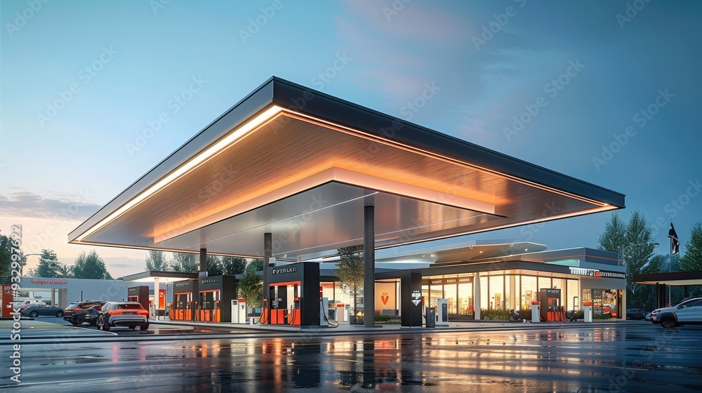 Obraz premium Modern gas station with fuel pumps and electric charging stations, integrated within a shopping center featuring retail stores and convenience shops. Generative AI.
