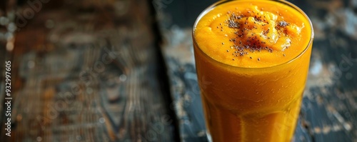 A pumpkin smoothie placed on the right edge with room for text. The smoothie is presented with fall spices and a small pumpkin next to it. photo