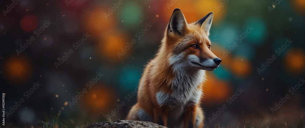 Fototapeta premium Fox in front-facing, colorful, abstract geometric design.