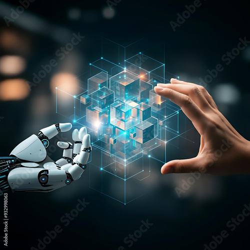 A macro image of a lit up orange, yellow and blue tracks on a printed circuit board connecting to a central processing component with a multi colour outlined lit up 'AI'