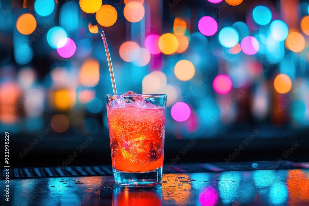 Sparkling Cocktail with Ice on Bar Counter with Colorful Lights Sparkling Cocktail with Ice on Bar Counter with Colorful Lights