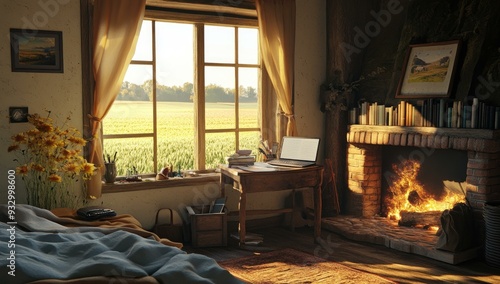 Cozy cabin with a fireplace and a view.