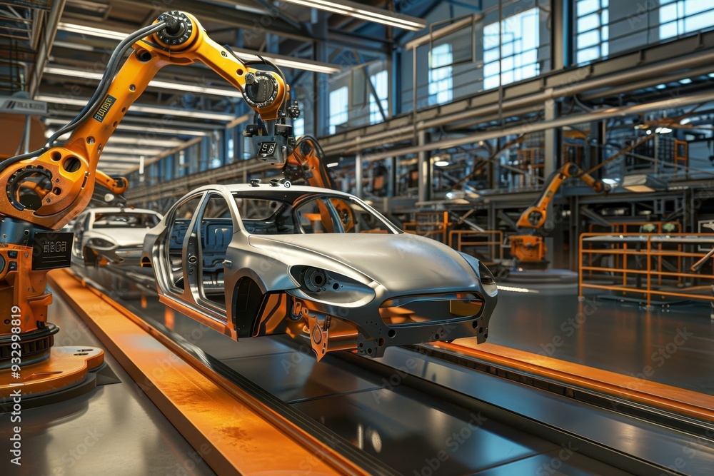 Robotic arms in car production line from frame to painted vehicle in industrial factory setting Robotic arms in car production line from frame to painted vehicle in industrial factory setting