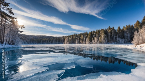 Cracked ice on frozen lake with pine trees on shore under clear blue sky in winter landscape scenery.