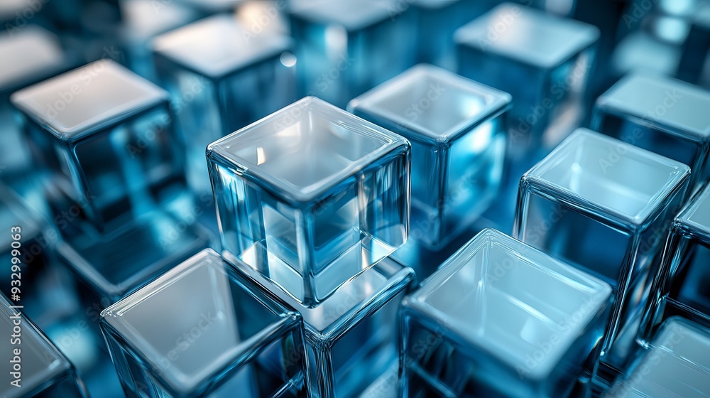 Transparent glass cubes arranged closely on a reflective surface Transparent glass cubes arranged closely on a reflective surface