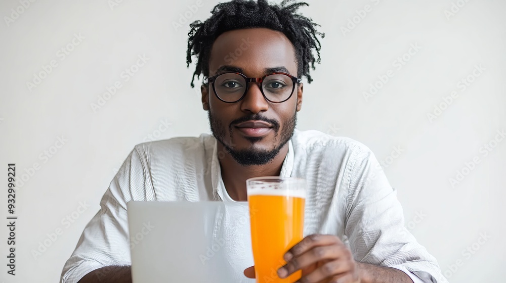 Young man enjoying a craft beer while working on a laptop at home