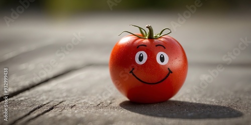 Red ripe tomato vegetable with smiley face Fresh, raw and organic vegetarian food closeup, healthy whole one fruit. photo