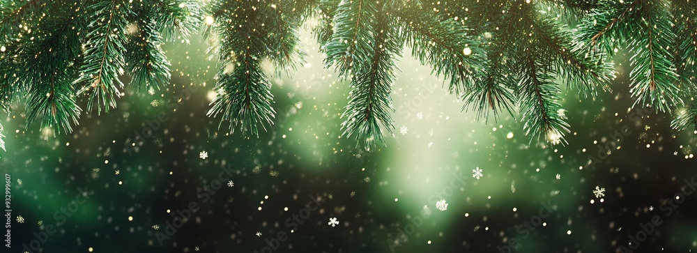 Green pine tree branches with snow falling on them Green pine tree branches with snow falling on them