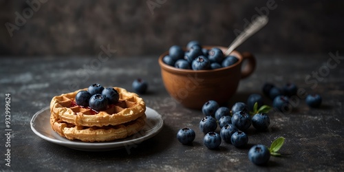 Blueberries in a jam with a toasted heap of waffles a hot cup of coffee and a copy space image for an unforgettable cozy morning.