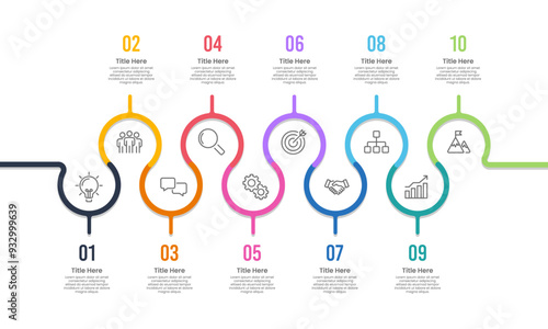 10 Business Process Data Infographic Design Templates. 10 Year Company growth path. Presentation, Planning, Marketing and Information. Vector Illustration.