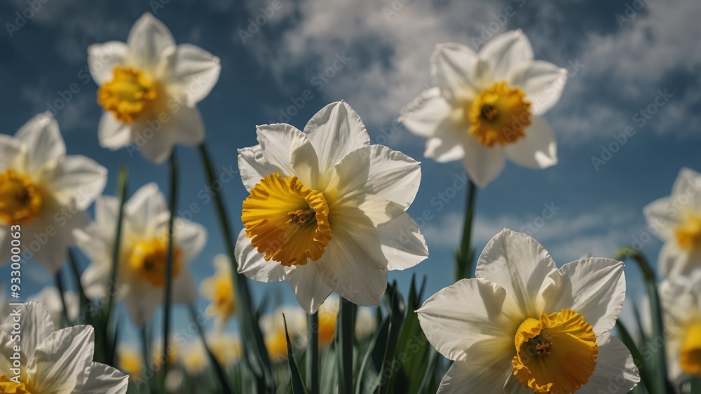 Daffodils in white bloom under a sky with clouds. Daffodils in white bloom under a sky with clouds.