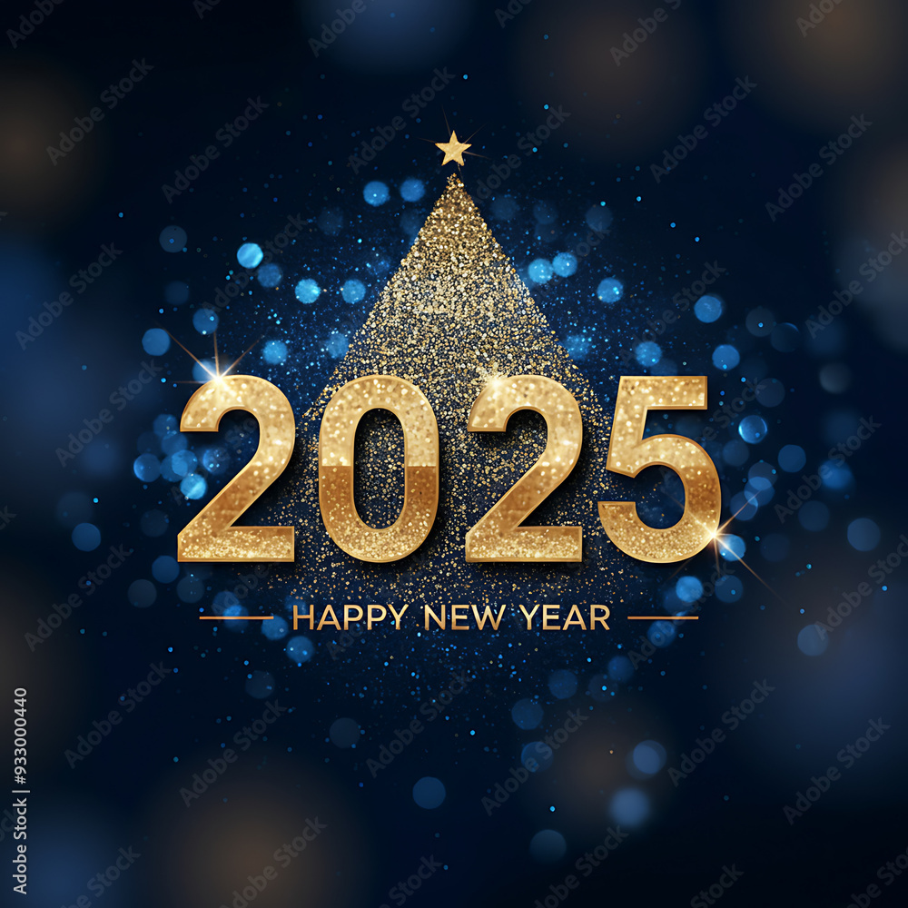 Naklejka premium Sparkling Happy New Year 2025 - Christmas Gold Blue Glitter Celebration