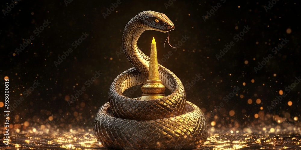 Obraz premium Elegant Nag Panchami Design: Abstract Cobra Coiled Around Shiva Lingam. Creative Snake Zodiac Celebration for 2025 Indian Festival. Minimalist Cultural Art with Gradient Texture for UI, Posters, and 4
