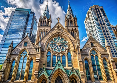 Towering skyscrapers evoke Gothic grandeur, with intricate stonework, pointed arches, and resplendent stained glass windows that filter shafts of light into the metropolitan streets. photo