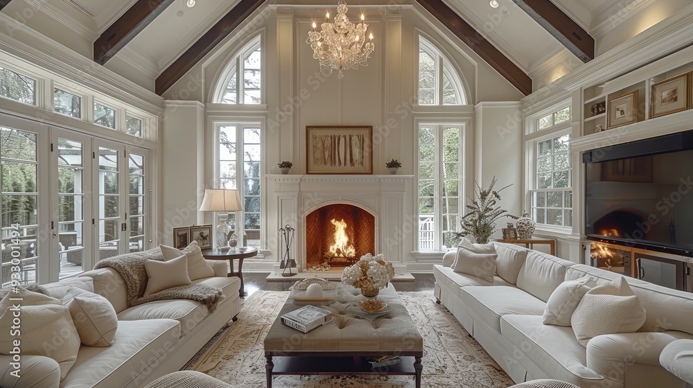 Fototapeta premium An elegant living room in a new luxury home in a traditional style. Elegant furnishings, vaulted ceilings, fireplace, and roaring fire. Generative AI.