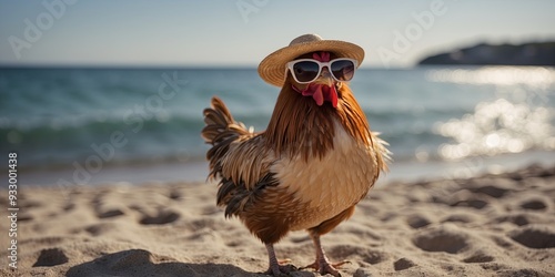 Funny rooster in a straw hat and sunglasses on the ocean shore. photo