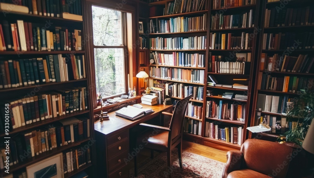 A wooden room with bookcases, a desk, and a chair. A wooden room with bookcases, a desk, and a chair.