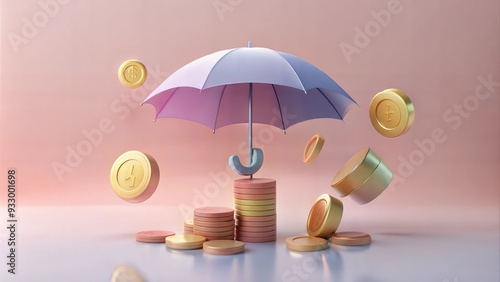 Wallpaper Mural 3D money coin saving on umbrella. Insurance protection with bundles cash and floating coins exchange with finance business concept, earning investment. 3d money  rendering illustration Torontodigital.ca