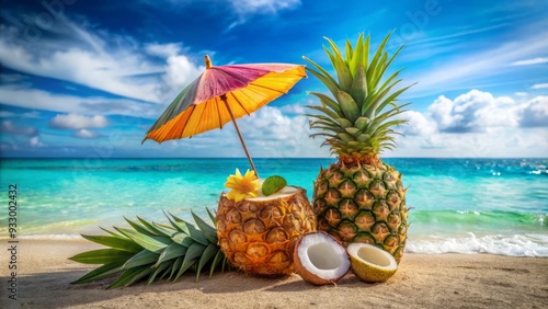 exotic tropical getaway orange pineapple chunks coconut flakes colorful umbrella drinks refreshing turquoise water relaxation leisure vacation fantasy