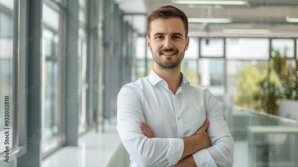 Smiling handsome businessman with crossed arms in modern office,young man exuding confidence, business success concept. Smiling handsome businessman with crossed arms in modern office,young man exuding confidence, business success concept.