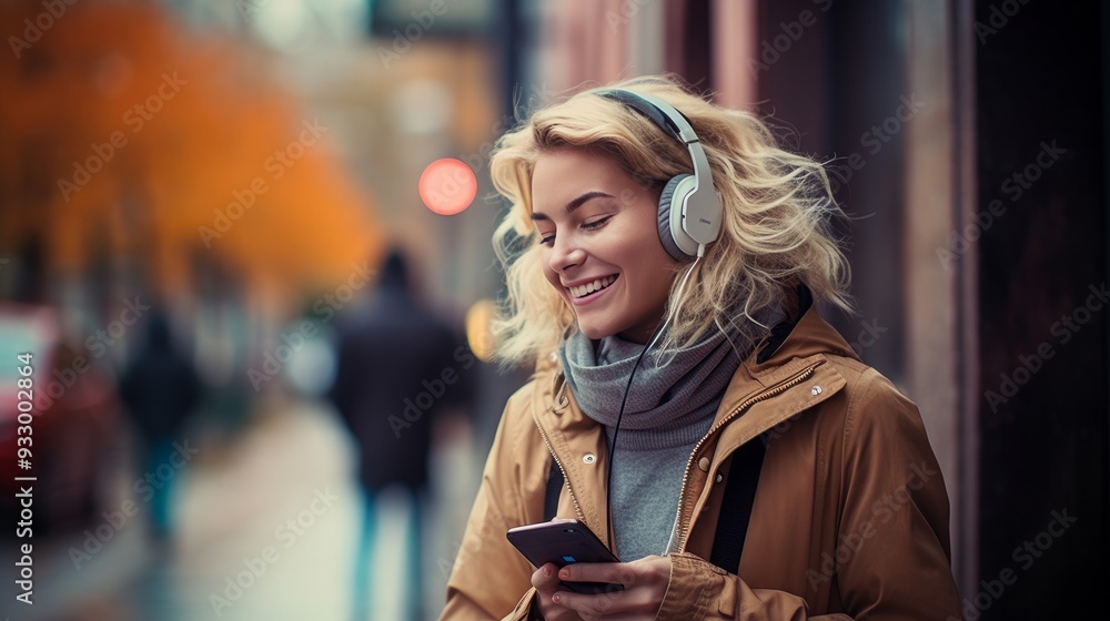 Fototapeta premium smiling woman with headphones and phone on the street in autumn