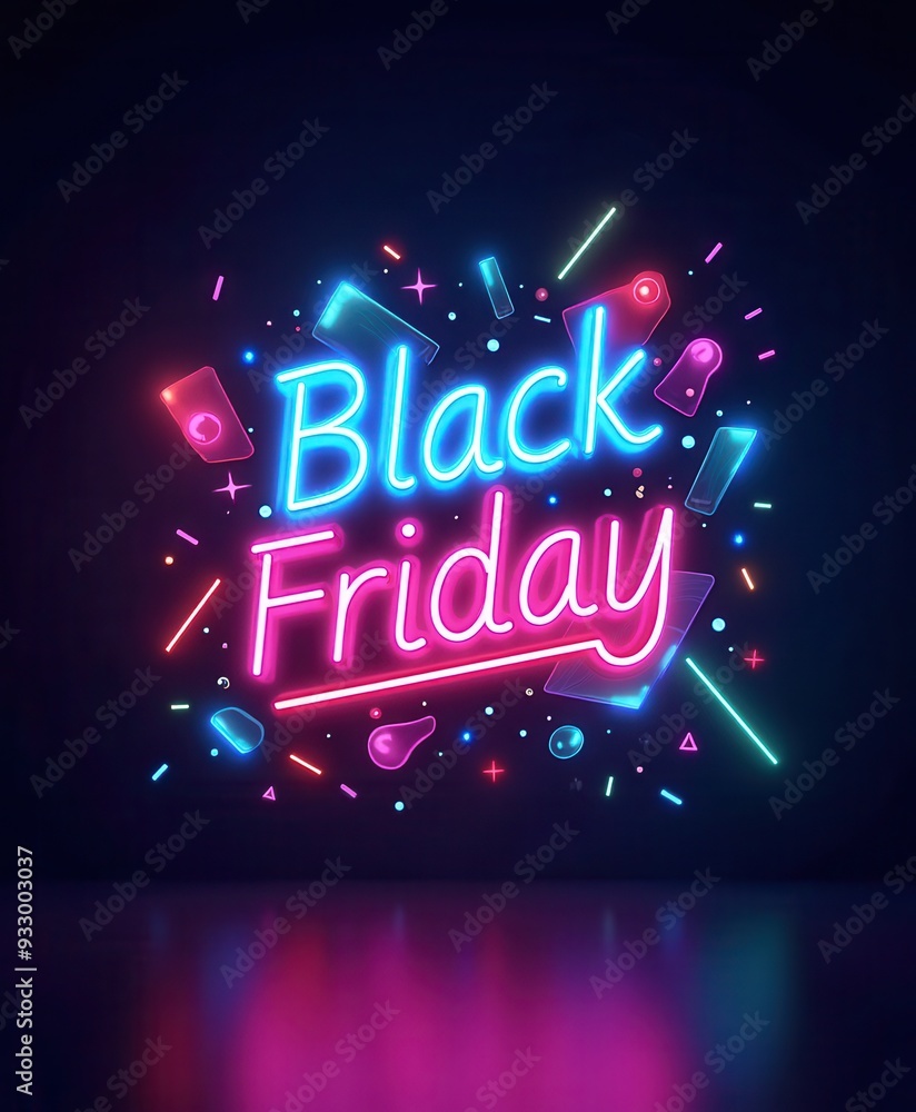 Bright neon Black Friday sale sign with colorful illustrations in a dark setting Bright neon Black Friday sale sign with colorful illustrations in a dark setting