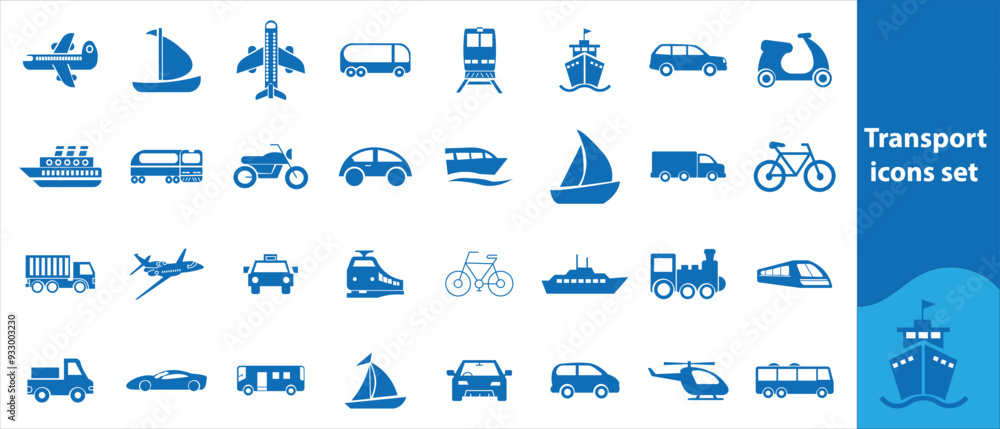 Transport icons set. Auto, bus, train, ship, plane and on foot. Public, travel and delivery transport icons. Vector illustration. Transport icons set. Auto, bus, train, ship, plane and on foot. Public, travel and delivery transport icons. Vector illustration.