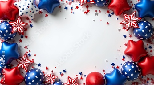 Festive red, white, and blue decorations with stars and ornaments, perfect for Labor Day celebrations or other patriotic events, with copy space.