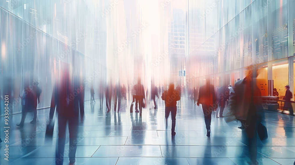 Abstract motion blur image of business people crowd walking at corporate office in city downtown, white blurred background, business center concept. Generative AI. Abstract motion blur image of business people crowd walking at corporate office in city downtown, white blurred background, business center concept. Generative AI.