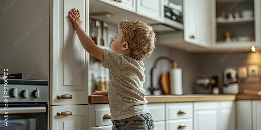 A little boy is standing on his toes and trying to reach the kitchen cabinets