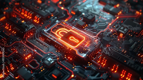 padlock glowing on a dark circuit board background, symbolizes cybersecurity and the protection of digital data