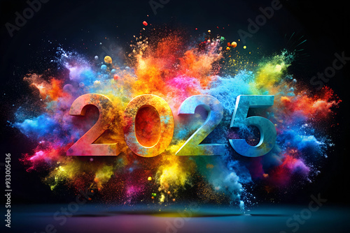 Vibrant 2025 Typography with Color Explosion Background. Dynamic 2025 Graphic Design with Spectrum Color Bursts