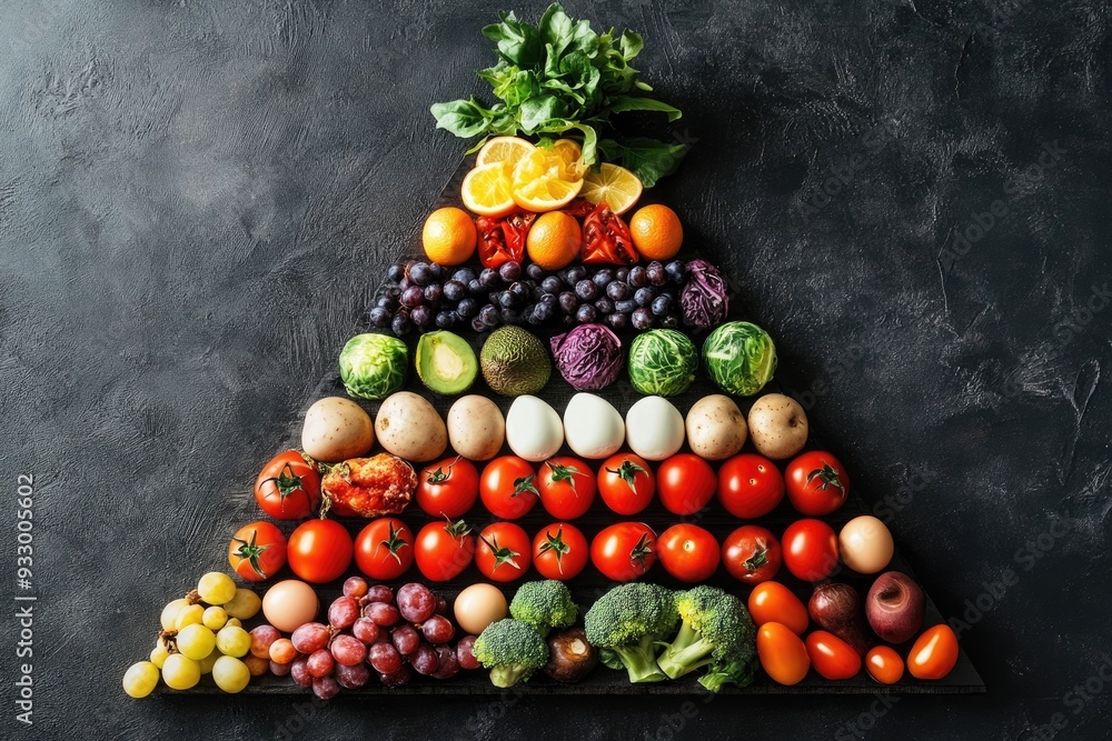 Food pyramid showing healthy eating habits with fresh fruits and vegetables Food pyramid showing healthy eating habits with fresh fruits and vegetables