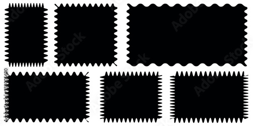 Rectangle shape frame with zigzag edge. Geometric zig zag wavy stickers. Wiggly undalute square badge, ate poster, banner, soci. Vector graphic illustration.
