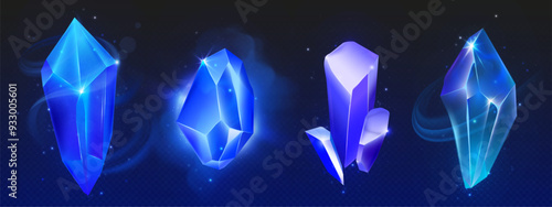 Magic neon glowing blue gem stone crystal on black background. Realistic 3d vector illustration set of fantasy shiny treasure gemstones. Precious jewel mineral rock cluster. Shiny crystalline piece.