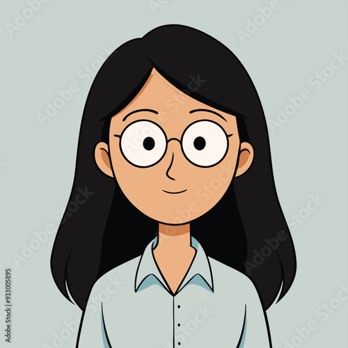 A cartoon Woman with glasses and hyper long black hair facing front with shirt generative AI. 