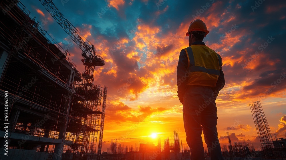 Fototapeta premium A construction worker observing a sunset at a building site.